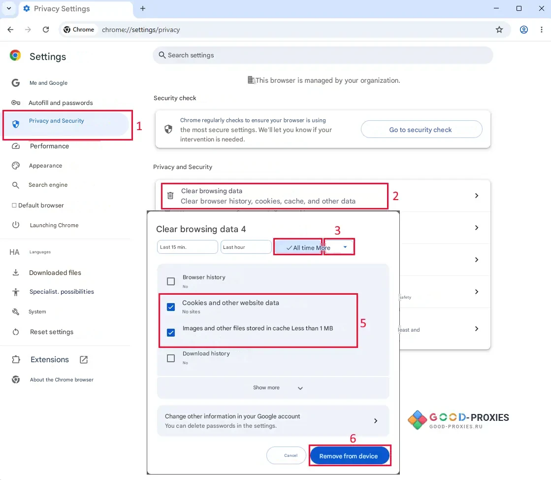 Google Chrome: deleting cookies and cached files for the selected period.