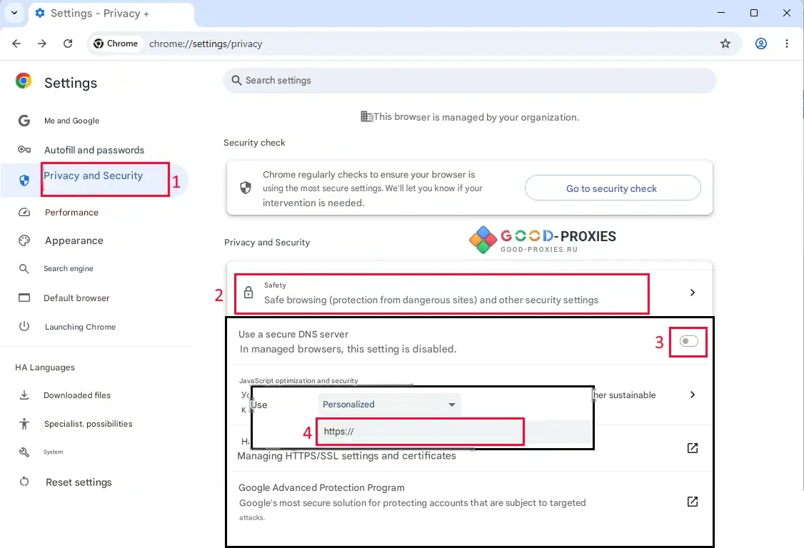 Google Chrome: Secure DNS settings.