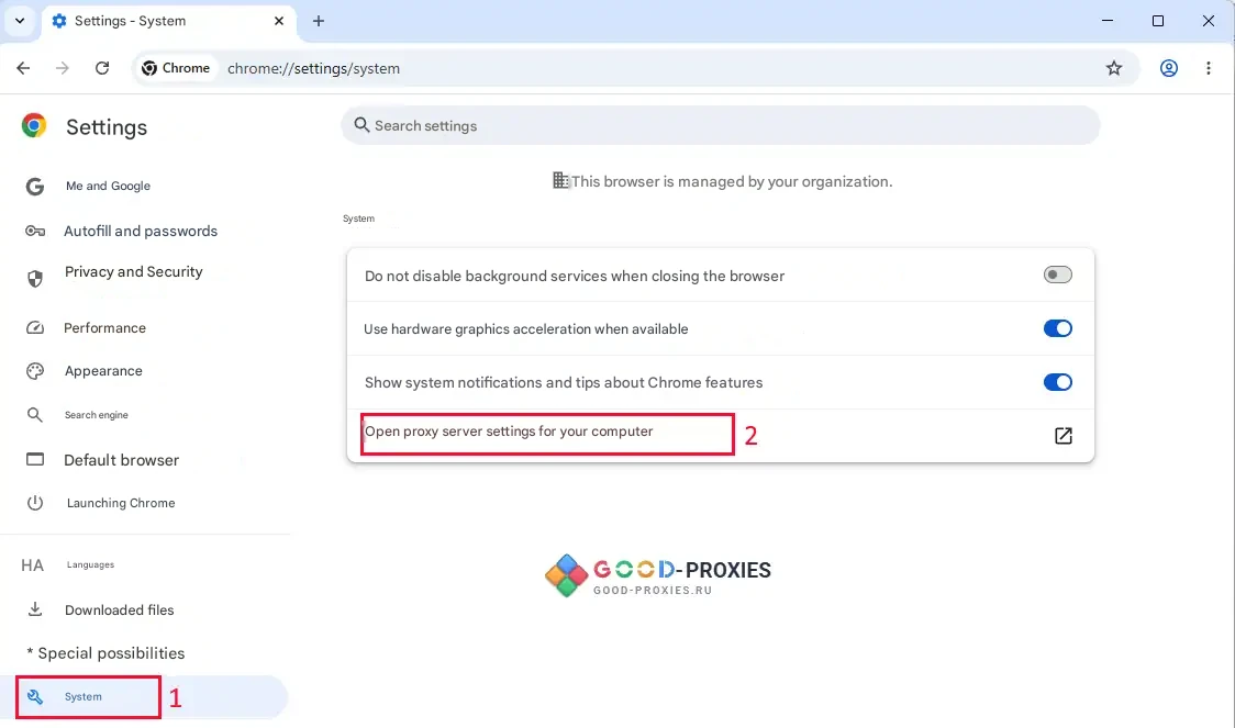 Google Chrome: opening proxy settings from the browser.
