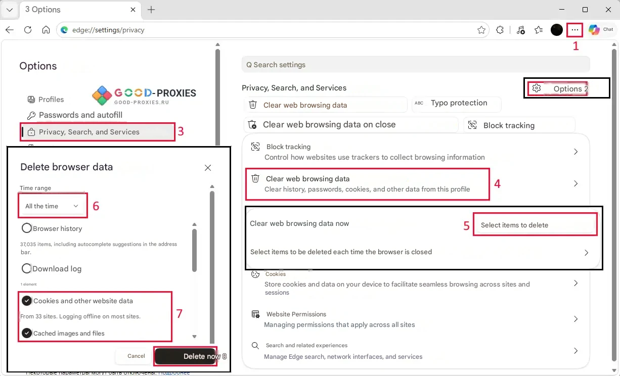 Microsoft Edge: deleting cookies and cached files for the selected period.
