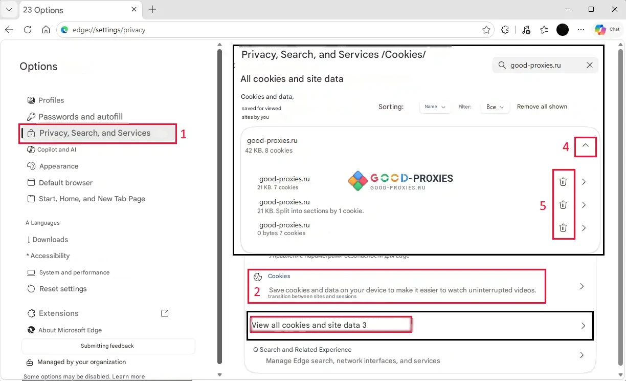 Microsoft Edge: removing cookies for one selected site.