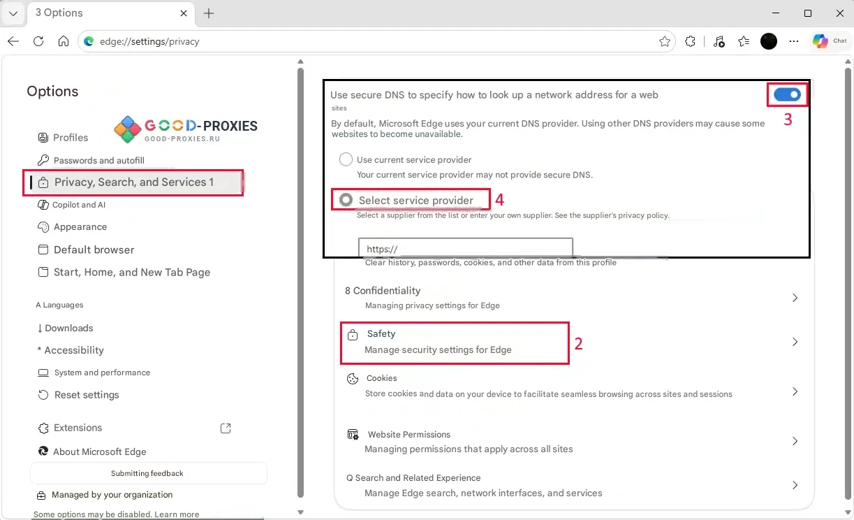 Microsoft Edge: Secure DNS settings.