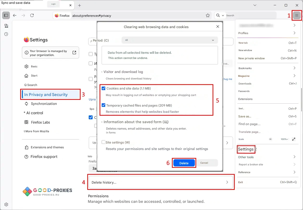 Firefox: deleting cookies and cached files.
