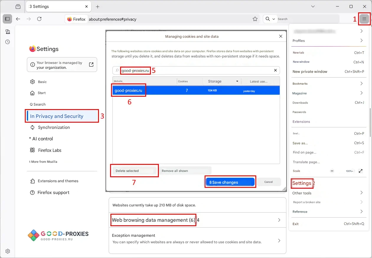 Firefox: deleting cookies for a selected site.