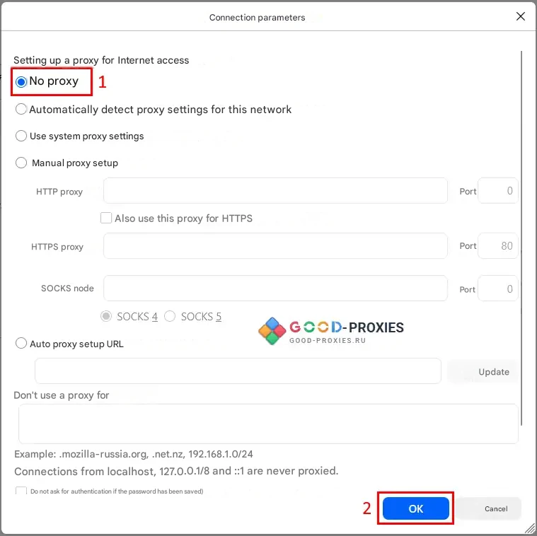 Firefox: No proxy mode.