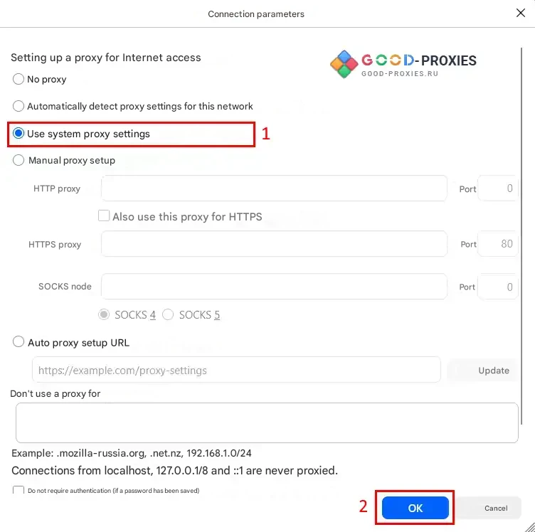 Firefox: using system proxy settings.
