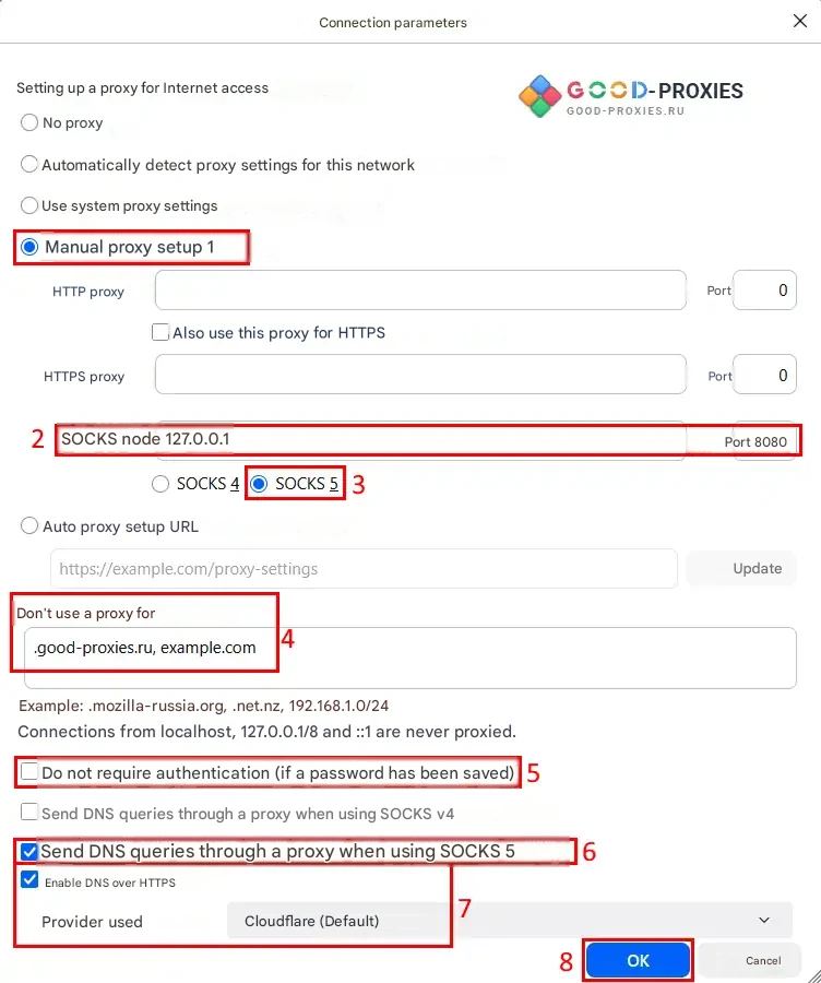 Firefox: manual SOCKS5 proxy and DNS through SOCKS.