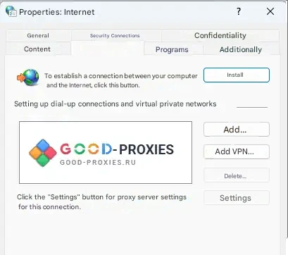 Internet Options: Connections tab.