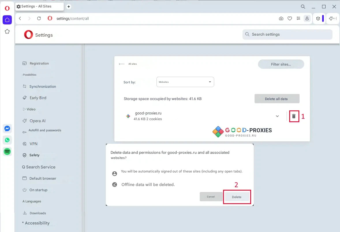 Opera: removing cookies for one selected site.