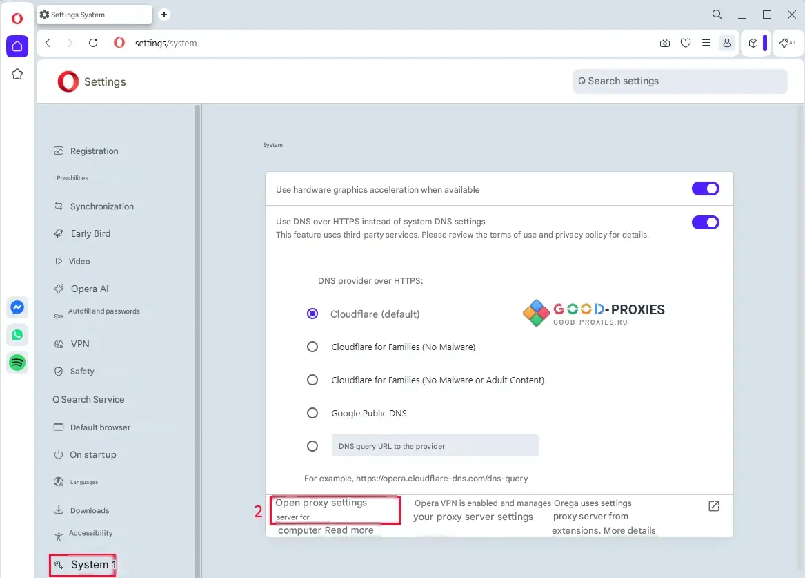 Opera: opening proxy settings from the browser.