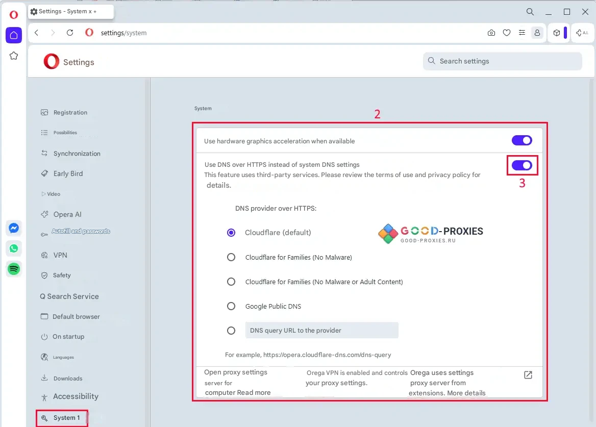 Opera: Secure DNS settings.