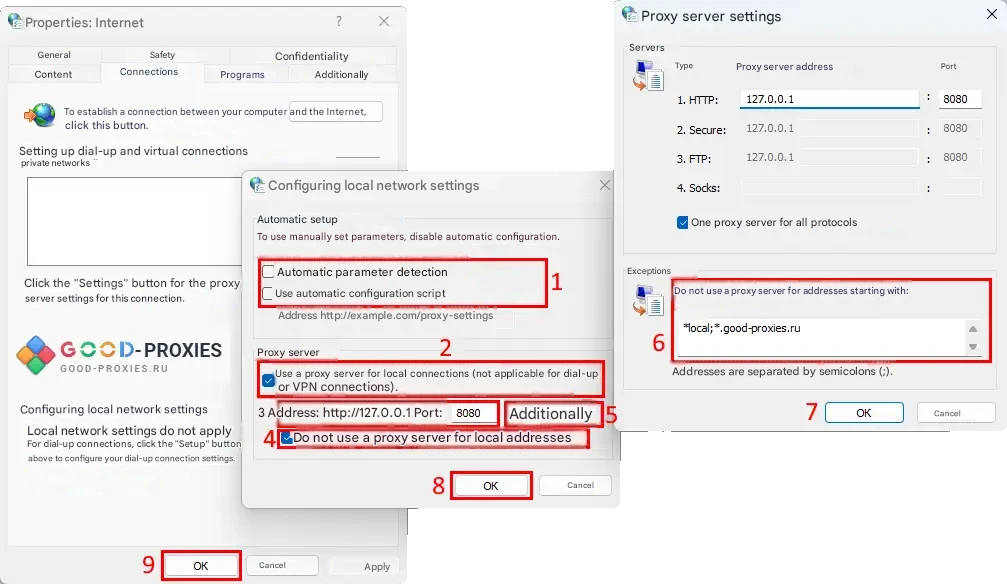 Manual HTTP and HTTPS proxy values in Internet Options.