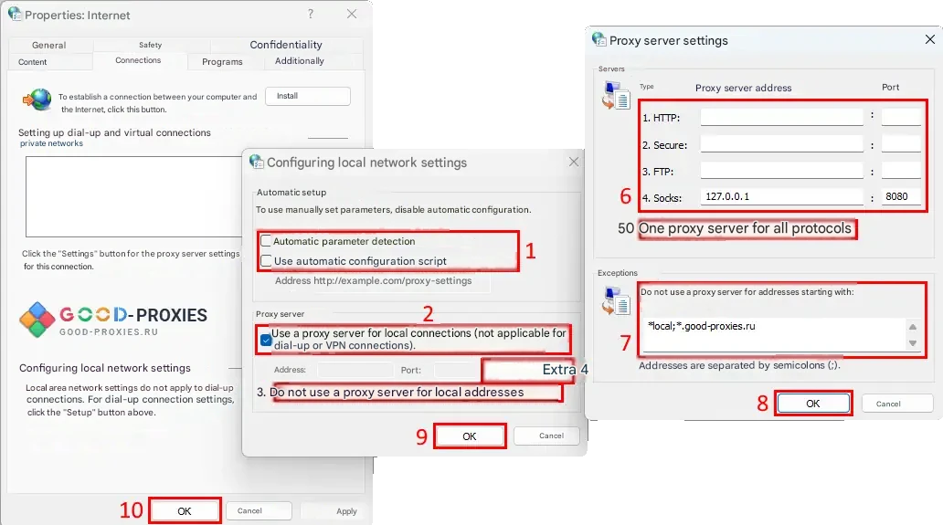 Manual SOCKS proxy values in Internet Options.