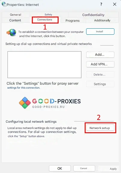 LAN settings window before proxy setup.