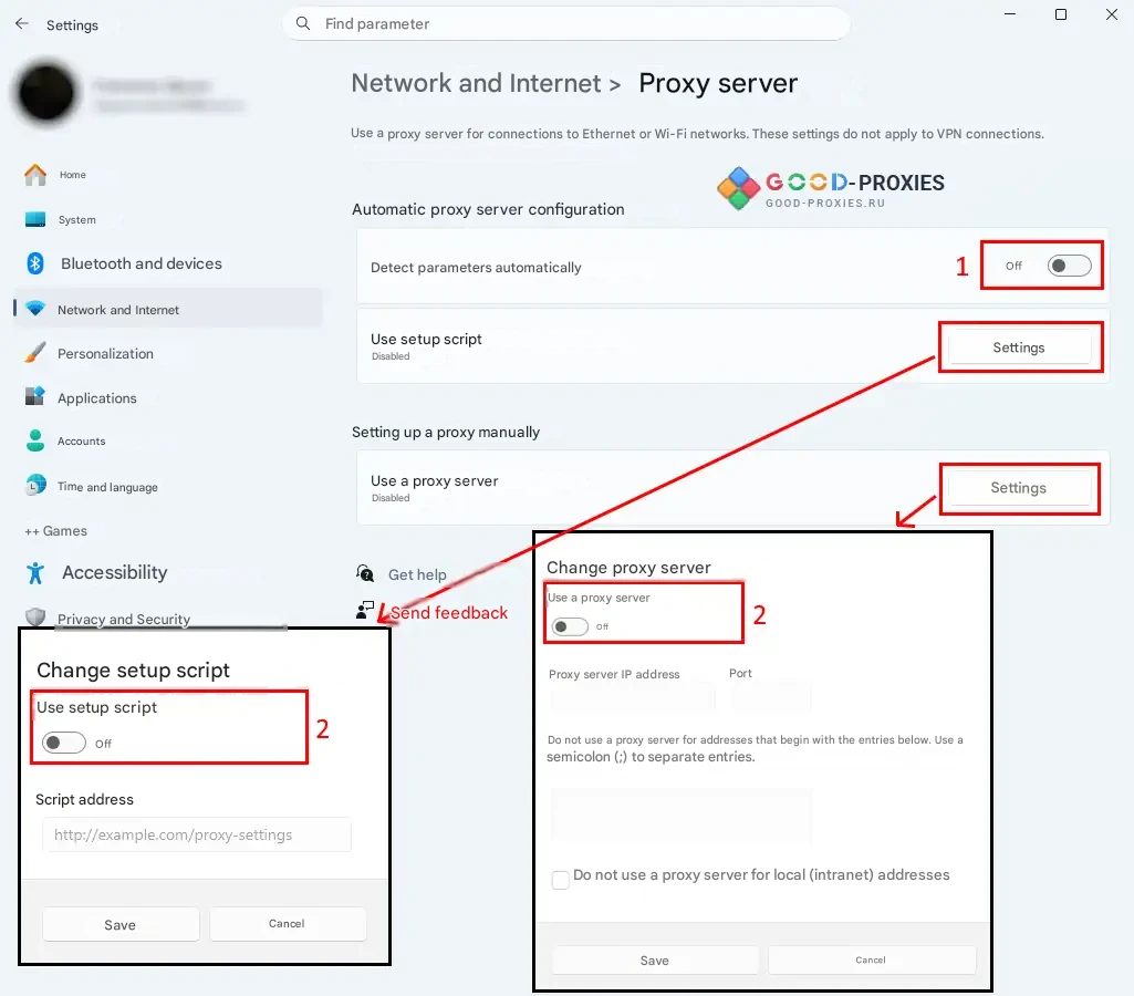 Windows Settings: disabling manual proxy.
