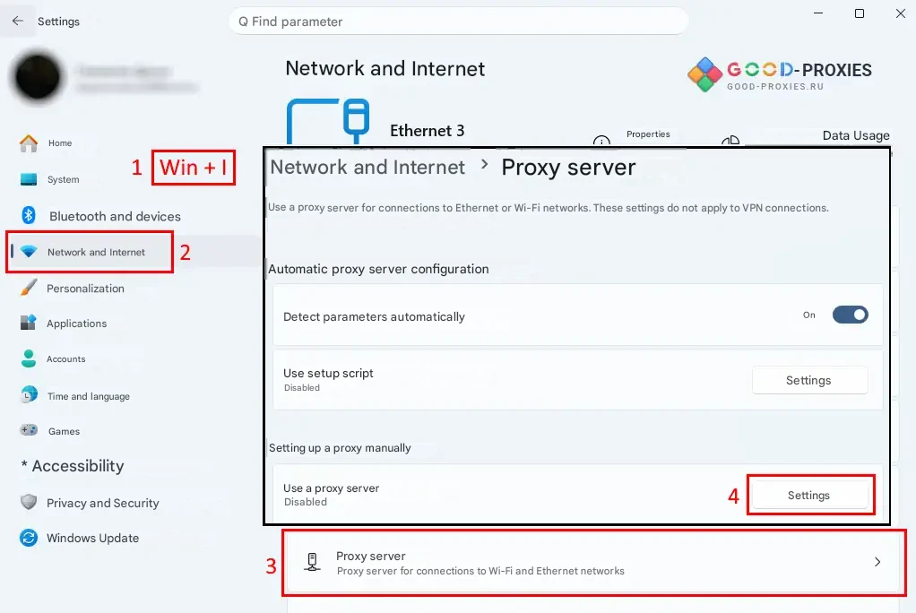 Windows Settings: opening Network & Internet.