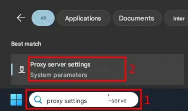 Windows Search: quick jump to proxy settings.