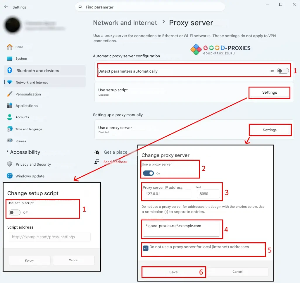Windows Settings: address, port, exceptions, and saving.