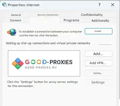 Internet Options: Connections tab.