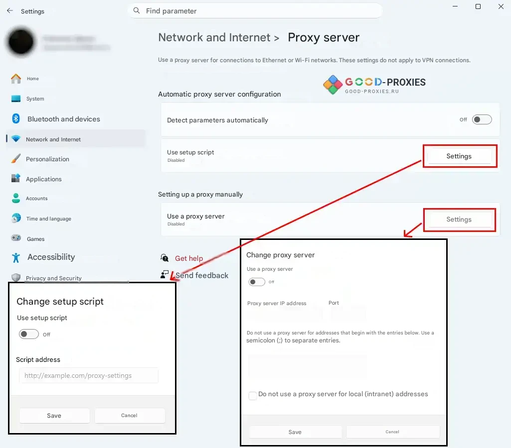 Windows proxy settings opened from the browser.