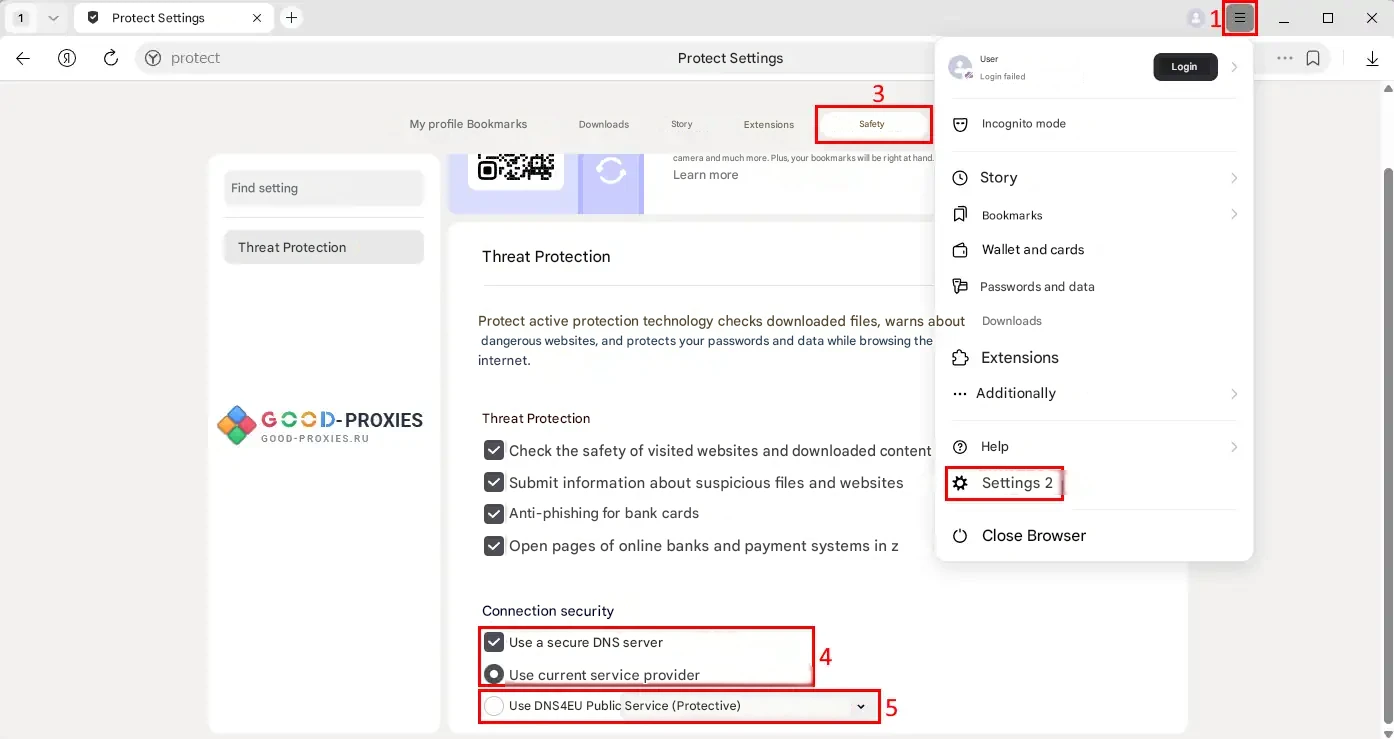 Yandex Browser: Secure DNS settings.