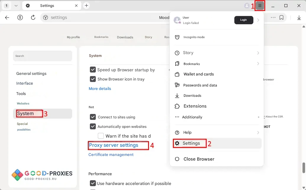 Yandex Browser: opening proxy settings from the browser.